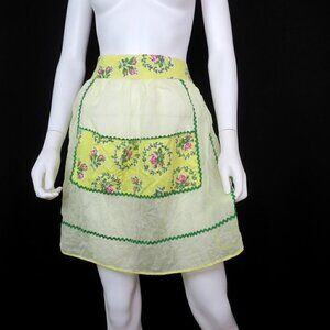Vintage Sheer Apron Cottagecore Half Apron Yellow Floral Kitsch MCM Hostess